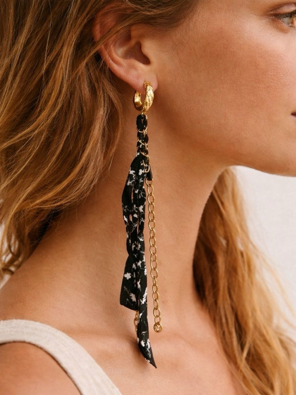 Free People Bandana Fabric Chain Twist Hoops Black Gold Dangle Earrings